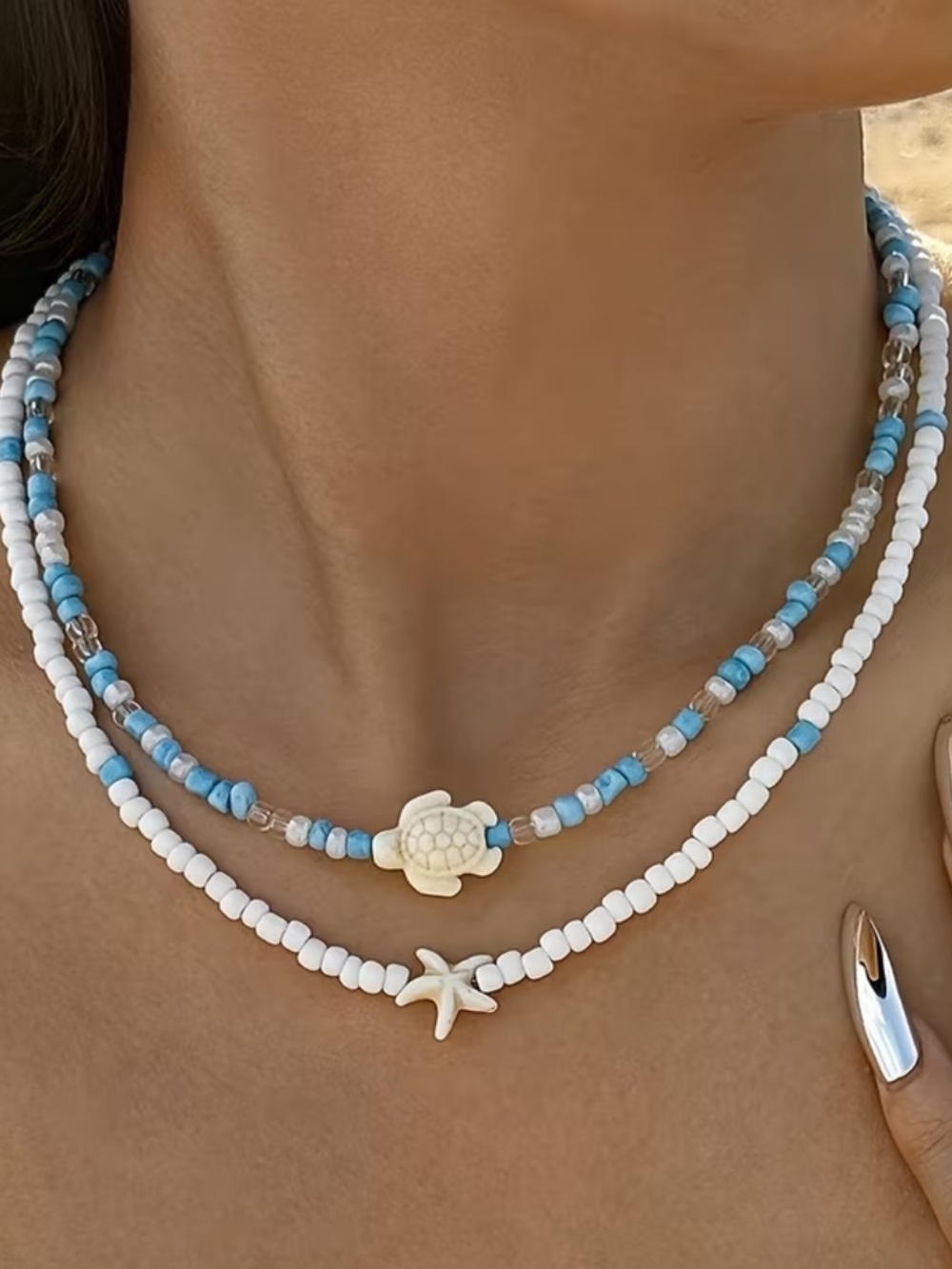 Blue & White Beaded Turtle and Starfish Layered Necklace
